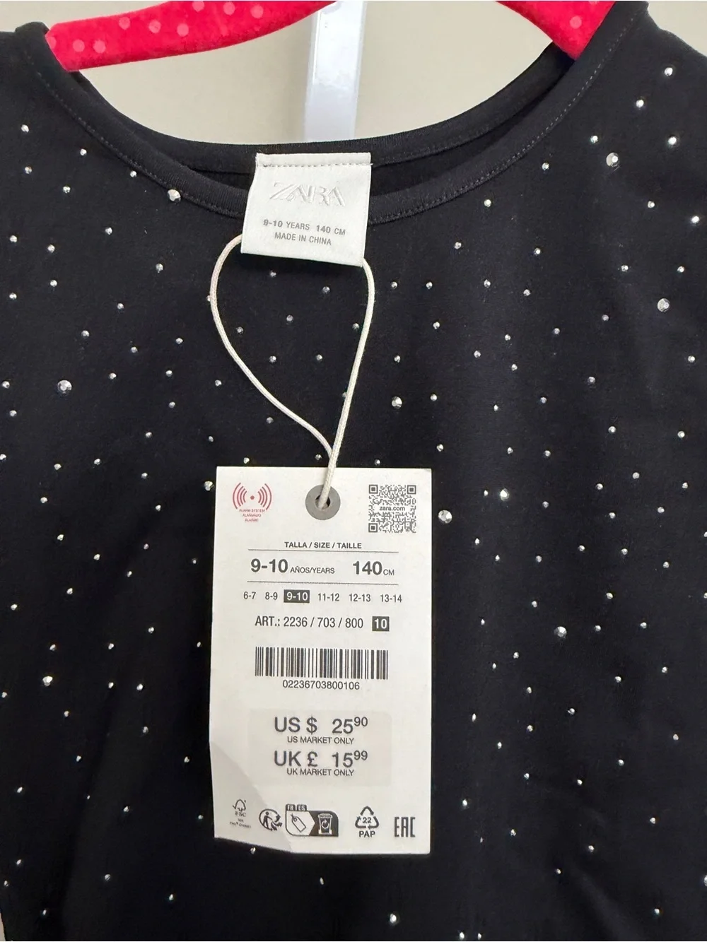 Zara Black Long Sleeve Tee with Tiny White Dots size 9-10 NWt